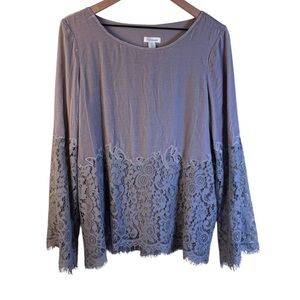 Sundance Silk Blend Crushed Velvet Lace Trim Gray Blouse Size Medium